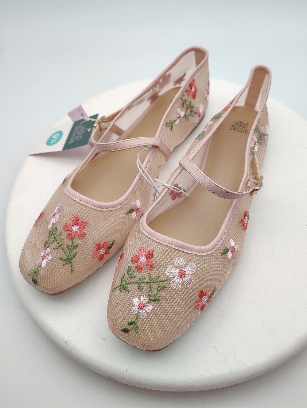 New Wild Fable Pink Mesh Floral Embroidered Mary Jane Flats Size 9.5